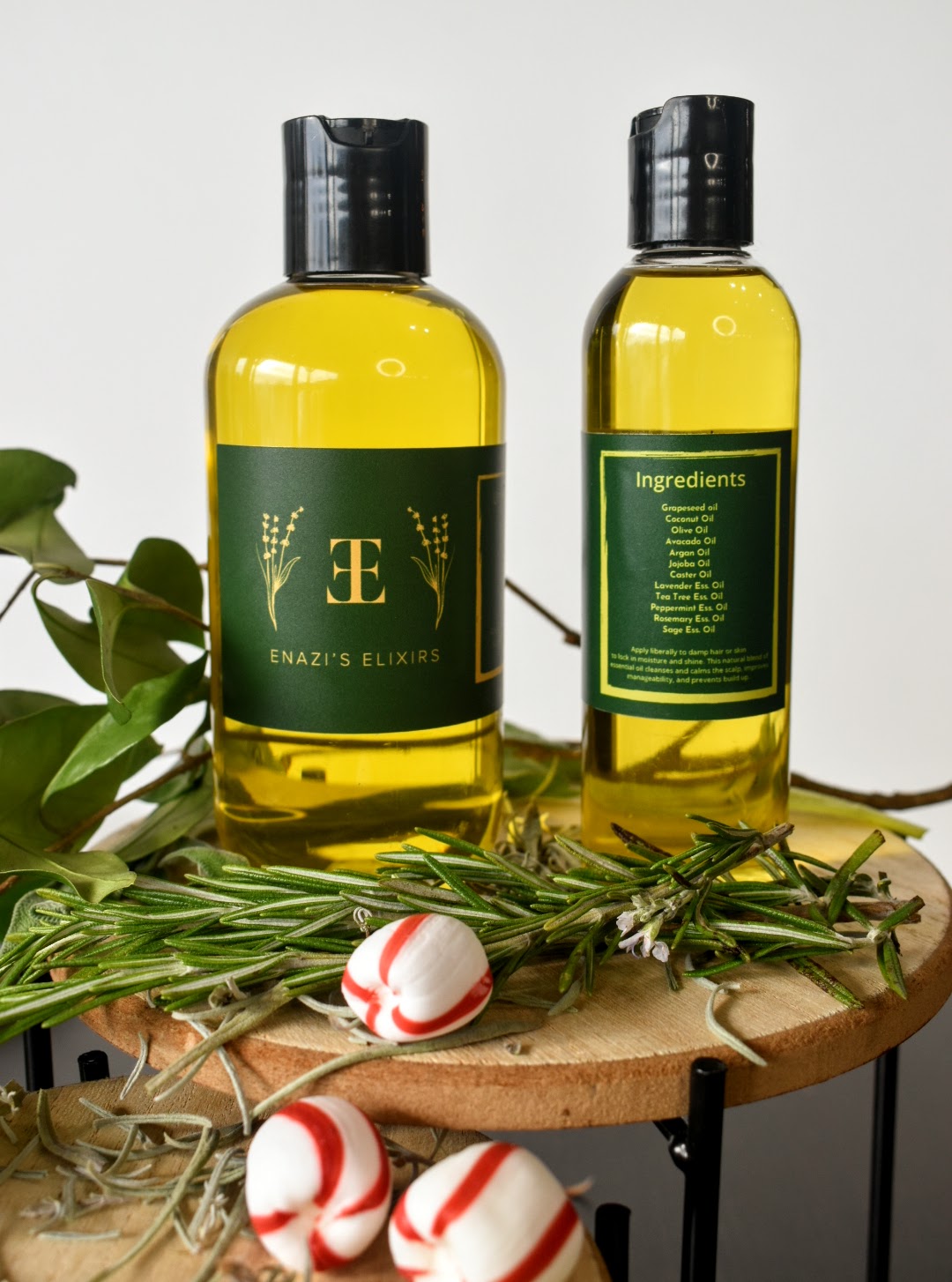 Hair and body oil with grapeseed, coconut, olive oil, avacado oil, caster oil, jojoba oil, lavender, tea tree, peppermint, rosemary, sage